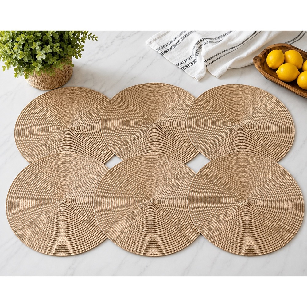 Set of 6 Round Woven Braided Placemats 15" Beige Neutral Coastal Farmhouse